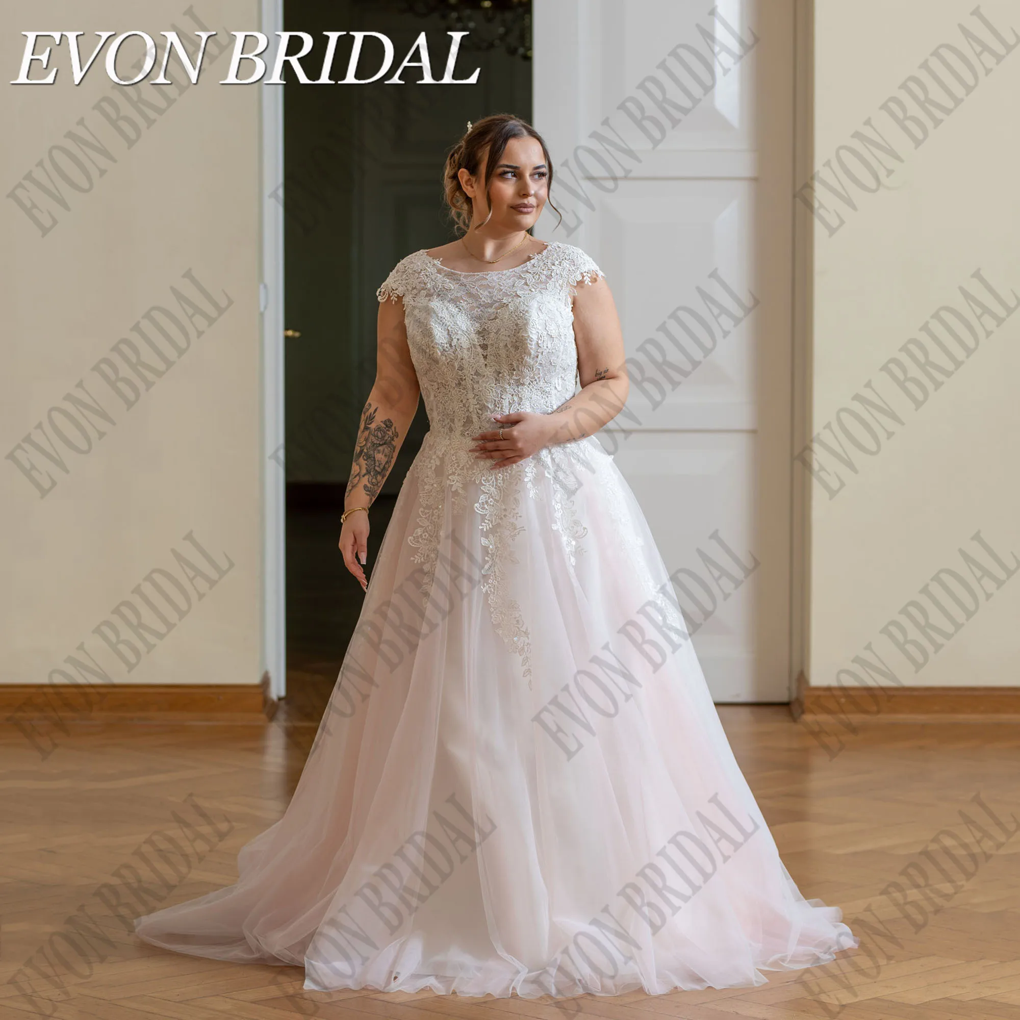 

EVON BRIDAL Customized Plus Size O-Neck Elegant Wedding Dress Cap Sleeves Backless Applique A-Line Vestidos De Novia Bride Gowns