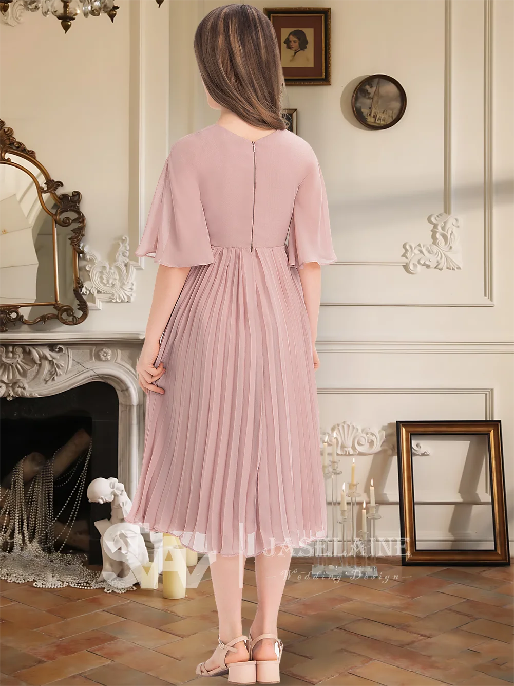 A Kids Elegant A Line Scoop Knee Length Chiffon Junior Bridesmaid Dress With Bow Pleated Flower Girl Dress For Wedding Party