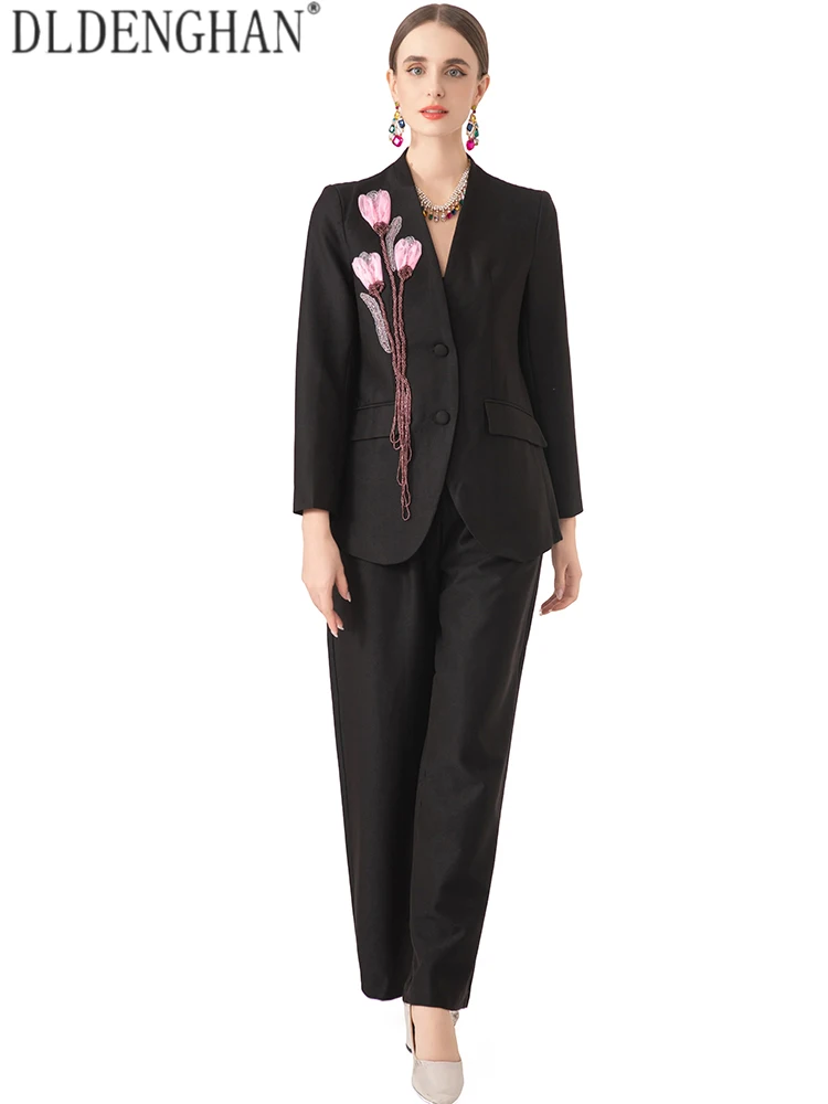 DLDENGHAN Women V-Neck Long Sleeves Single Breasted Beading Tassel Accessories Spring Autumnal Office Lady Trousers 2-Piece