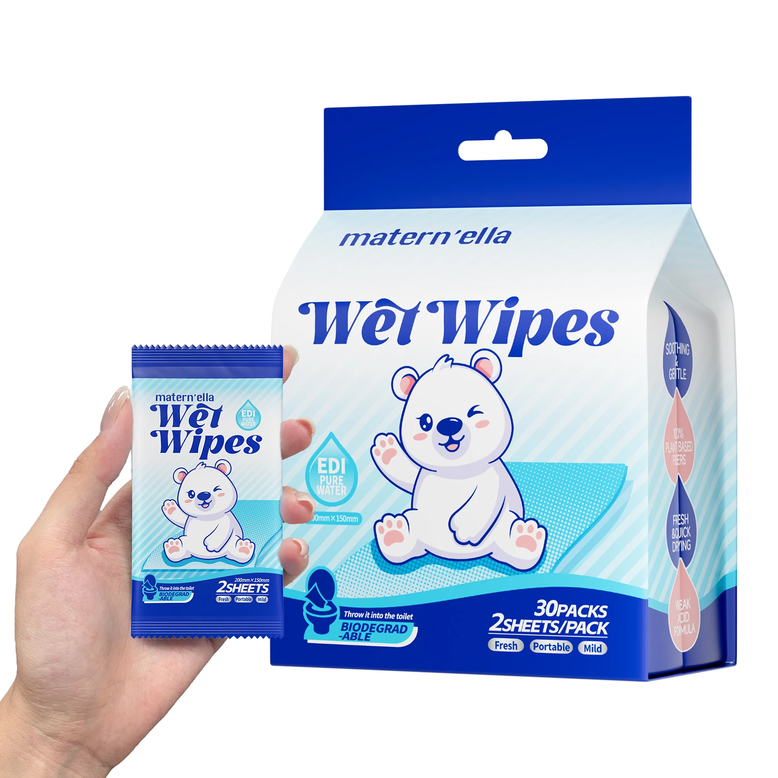 matern’ella Individually Packed Wet Wipes 30 Packs, 60 Sheets, Large Thick Plant-Based Wipes, Fragrance Free Alcohol Free, Pocket Size for Travel Gym Camping
