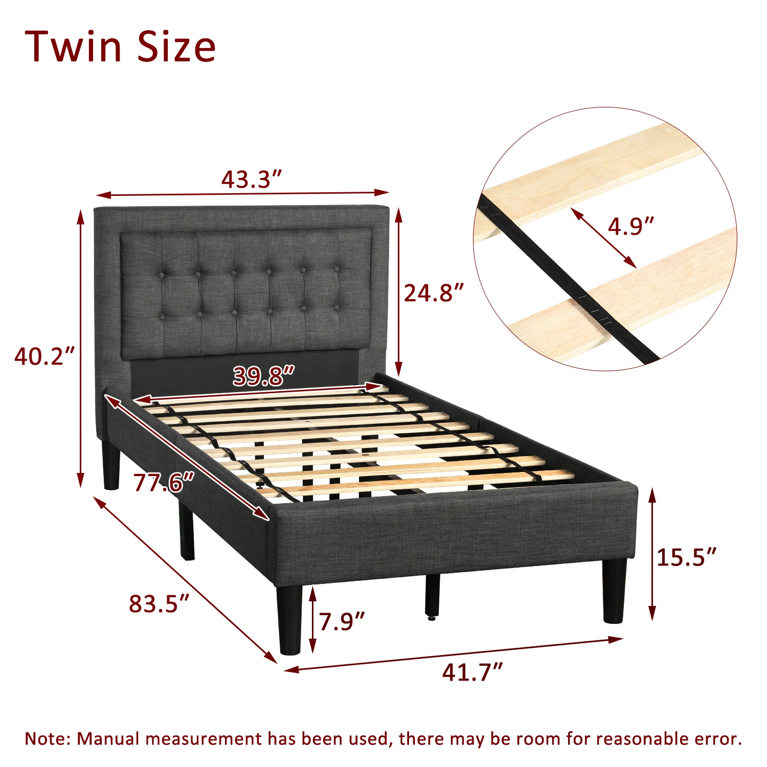 [Flash Sale]Twin Upholstered Button-Tufted Platform Bed with Strong Wood Slat Support Gray[US-W]