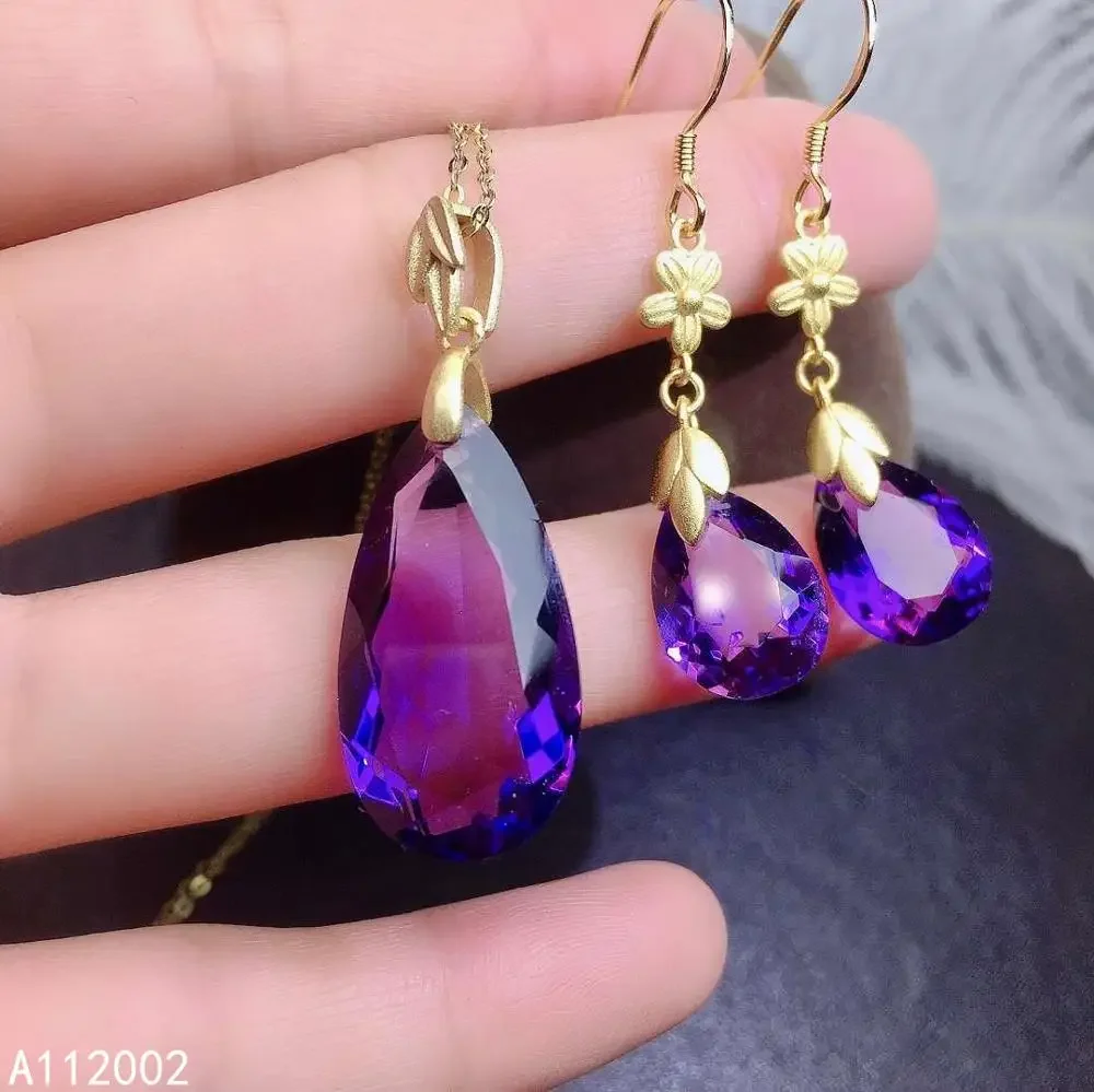 

KJJEAXCMY Boutique Jewelry 925 Pure Silver Natural Amethyst Women's Pendant Earring Set Electroplated 18K Gold Party Birthday