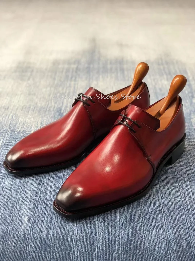 Burgundy Youth Business Formal Derby Shoes Lace Up Breathable Genuine Leather Men\'s Shoes Trendy Handmade Dress Wedding Shoes