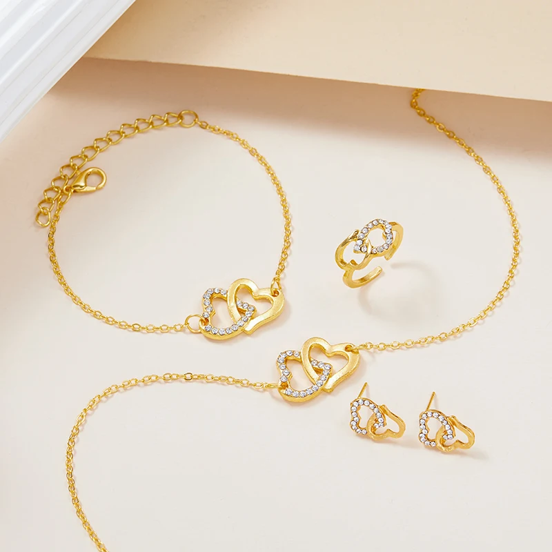 4 قطع/مجموعة من مجموعات المجوهرات العصرية والفاخرة على شكل قلب مناسبة للسيدات والقلائد والأساور والأقراط والخواتم #2