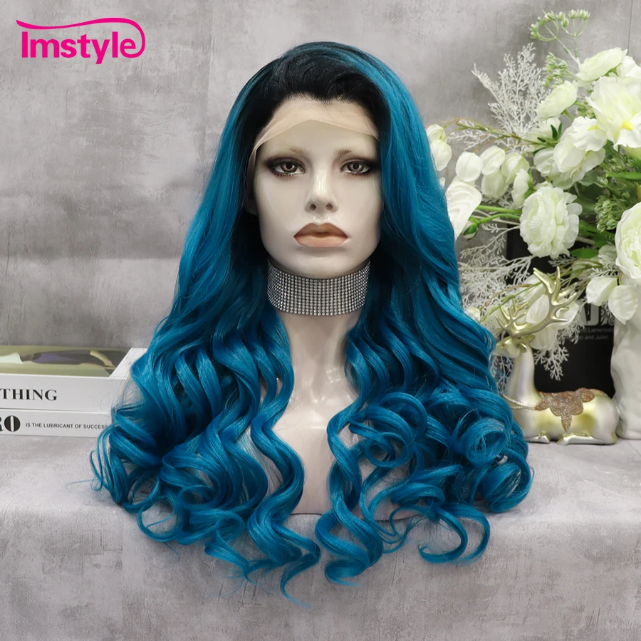 Imstyle Blue Wig Wavy Synthetic Lace Front Wig Dark Root Cosplay Wigs For Women Heat Resistant Fiber Lace Wigs