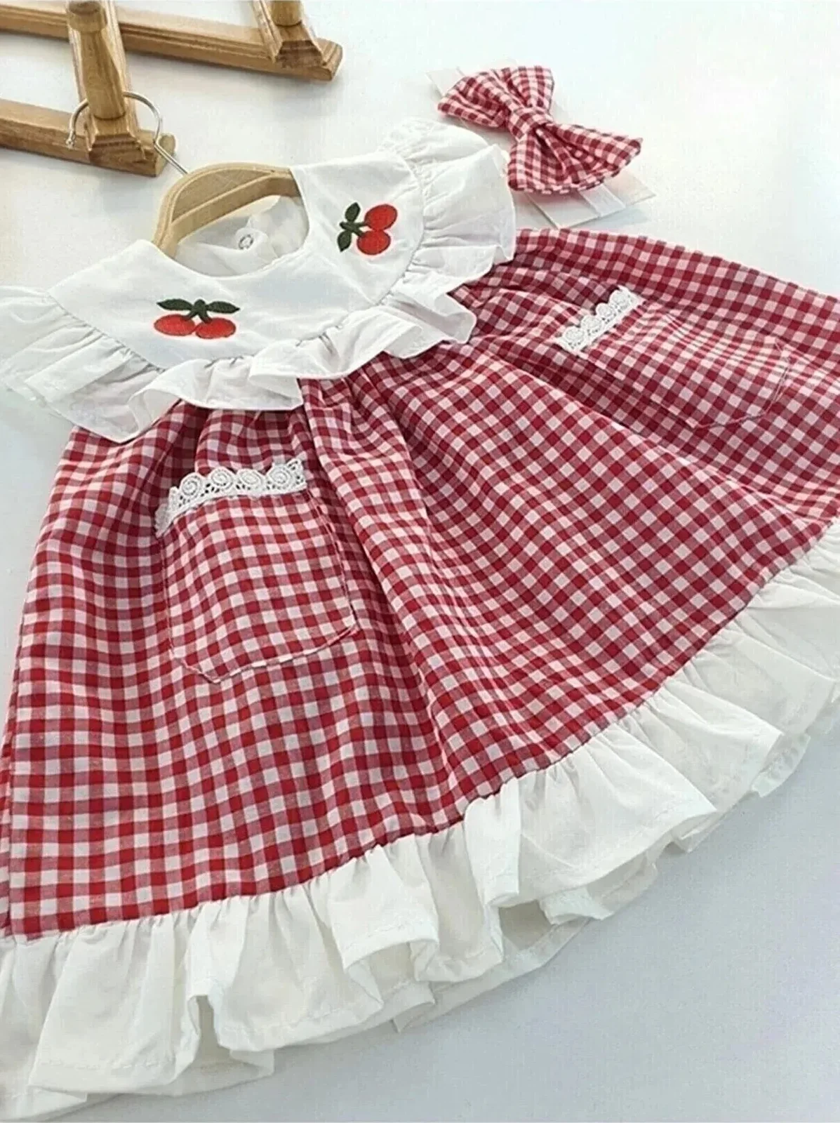 Baby Girl Gingham Cherry Hair Band Summer Dress Mom Girl Outfit Unisex New Model Good Quality