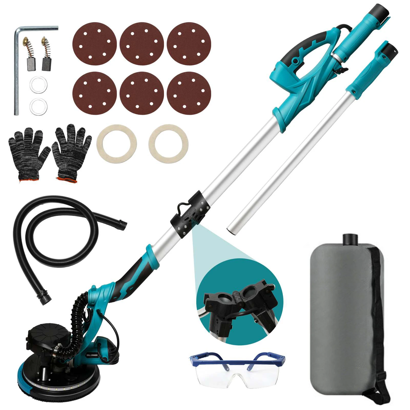 1250W Elektrische Gipsplaatschuurmachine met Stofzuiger, 5 Snelheden & Telescopische Steel, LED Verlichting voor het Schuren van Plafond, Wand en Vloer