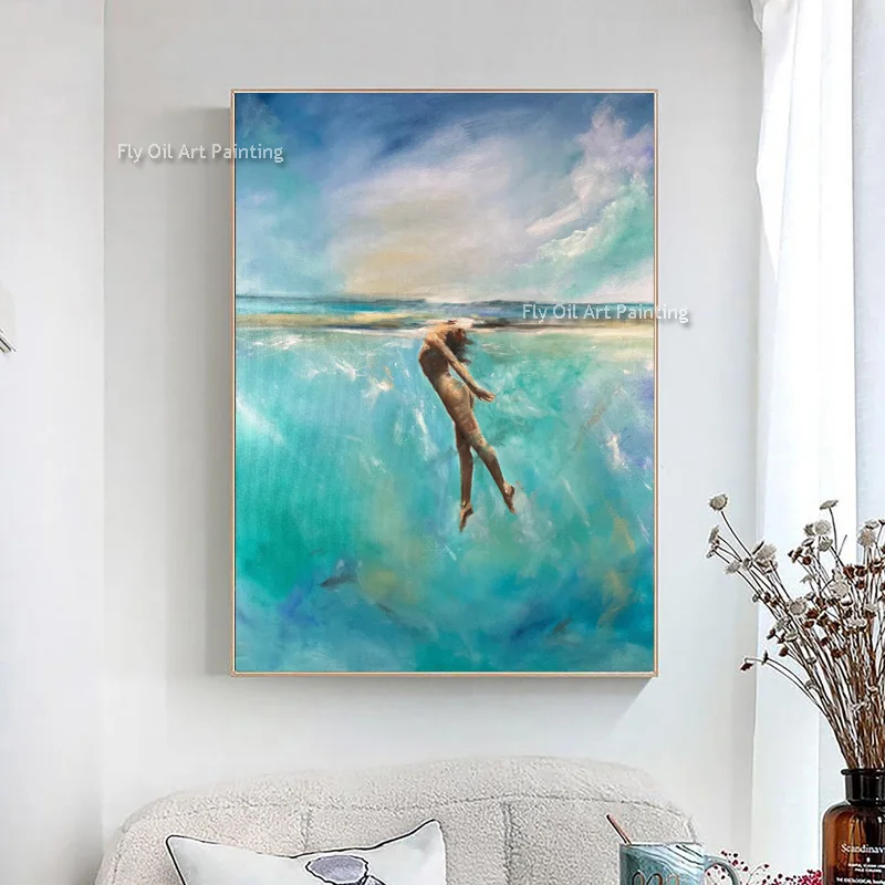 Handmade Abstract Ocean Swimming Woman Oil Painting Turquoise Sea Figure Canvas Wall Art Modern Beach Picture for Bedroom Decor