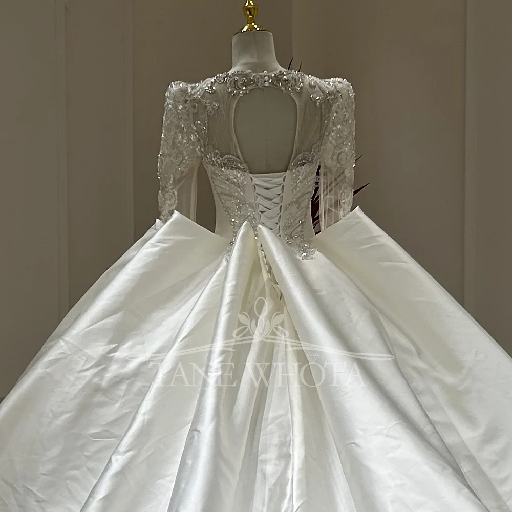 Abito da sposa Scollo alto staccabile Manica lunga Con lacci Buco della serratura sul retro Perline con paillettes Abito da sposa con perle di raso