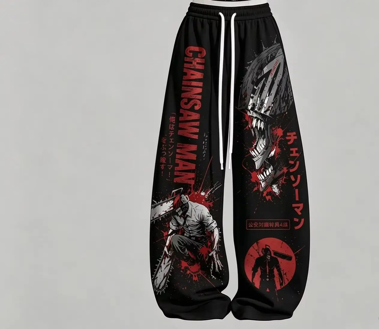 Red Black Anime Warrior Character Print Baggy Pants, Silky Soft Elastic Drawstring Trousers Comic Con & Dark Manga Art Admirers
