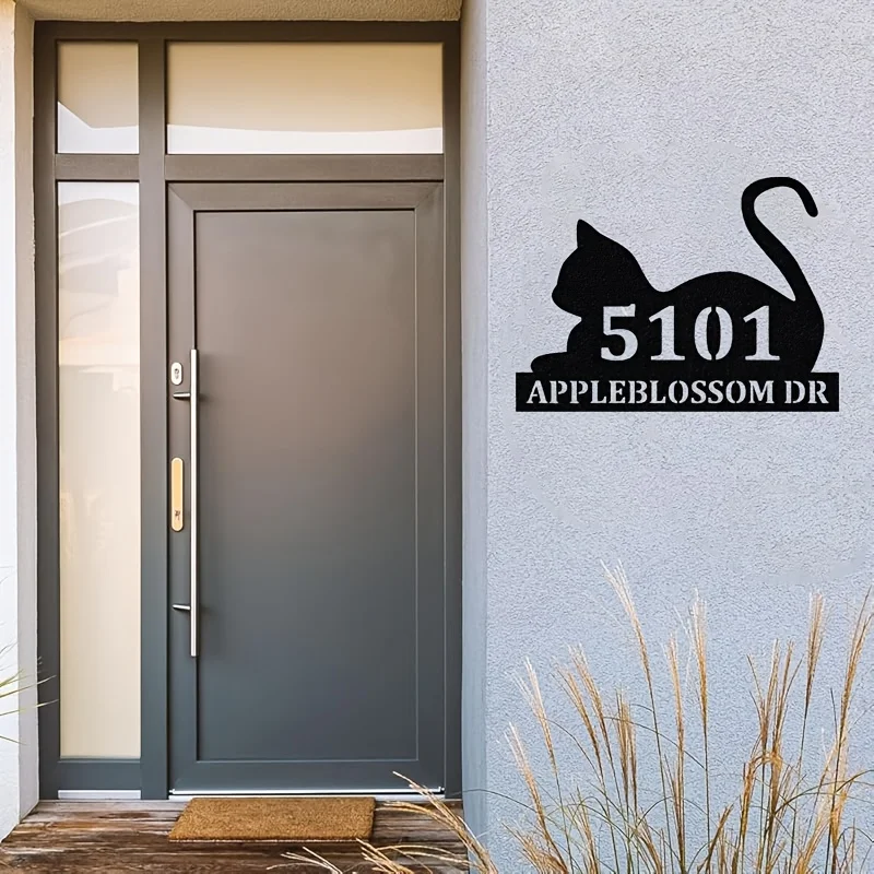 Custom Metal Address Signs for Room Decorations, a Cat Design, Ideal for Cat Lovers, Metal Art Signs with House Number and Text