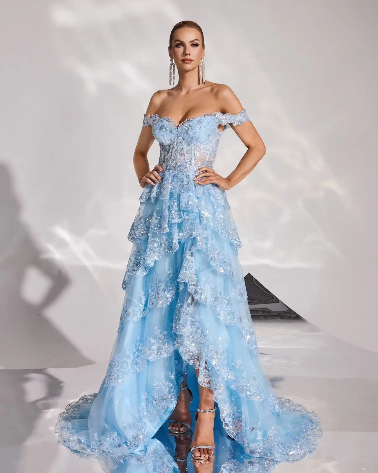 Shalimar Zhang 블루 이브닝 드레스 긴 소매 럭셔리 호스트 패션 가운 맞춤형