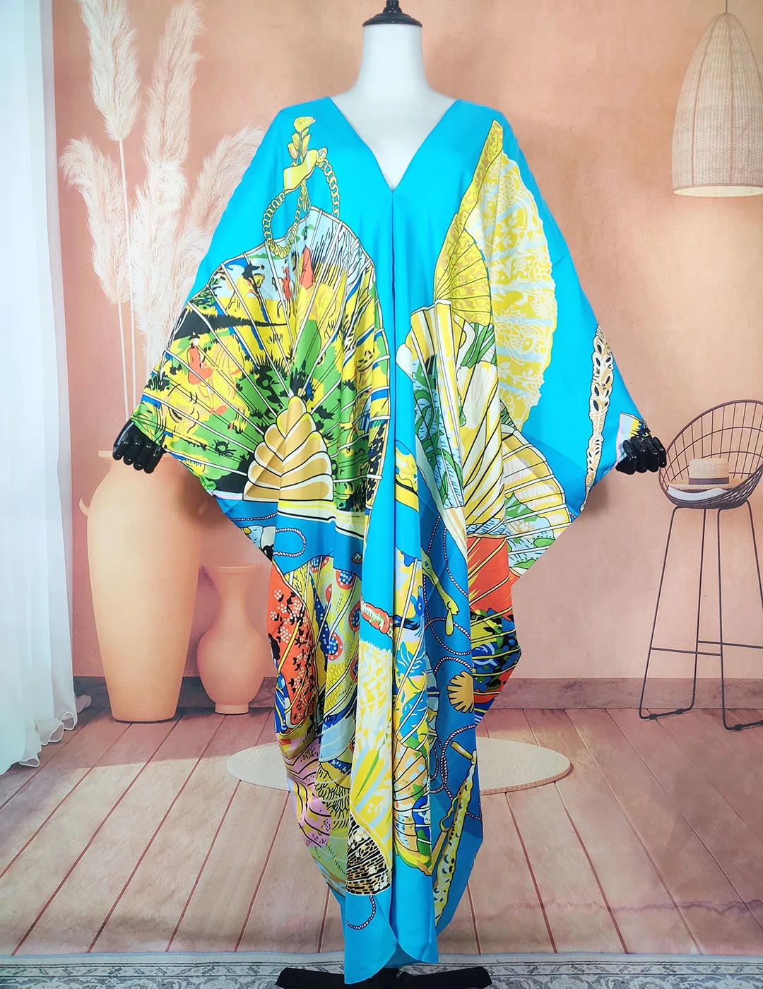 Robe Maxi en soie imprimée style bohémien pour femmes musulmanes africaines, grande taille, caftan ample, col en v, arabie saoudite