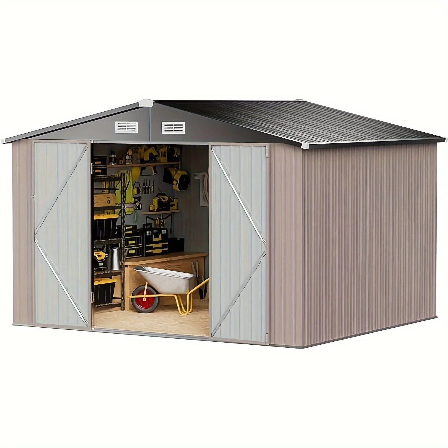 Set, 10 Ft. W X 7.5 Ft. D Outdoor Metal Shed With Vents And Lockable Doors 80 Sq. Ft.