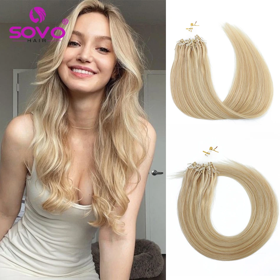 Micro Loop Human Hair Extensions Straight Natural Hair Micro Beads Rings European Hair Highlight Balayage Blonde 100 Strands