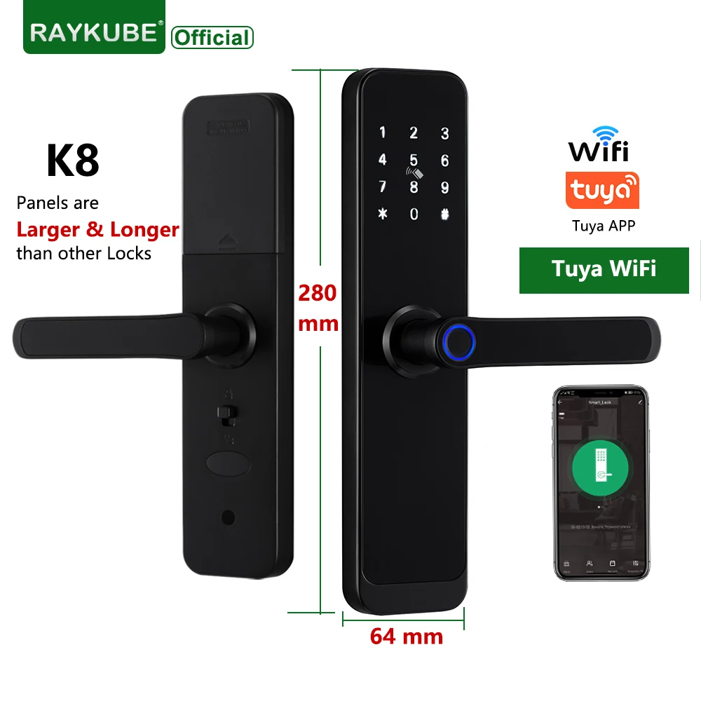 RAYKUBE K8 Tuya Wifi Smart Door Lock Fingerprint Lock Digital Electric Lock With Longer Larger Handle Panels Doorbell APP Unlock