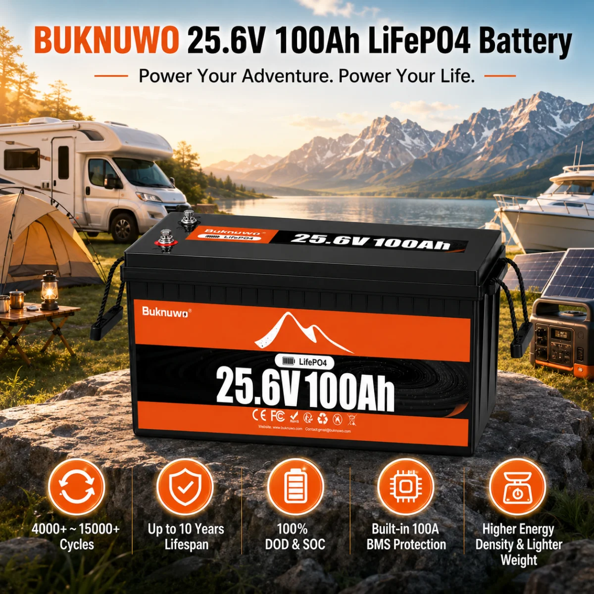 Buknuwo 24V/25.6V 100Ah M8 LiFePO4 Lithium Battery With Bluetooth, 2560Wh Power Energy Storage Battery, Built-in 100A BMS Grade A Cells, Low-Temp Protection, Capable Of Over 6000 Cycles Support Parall