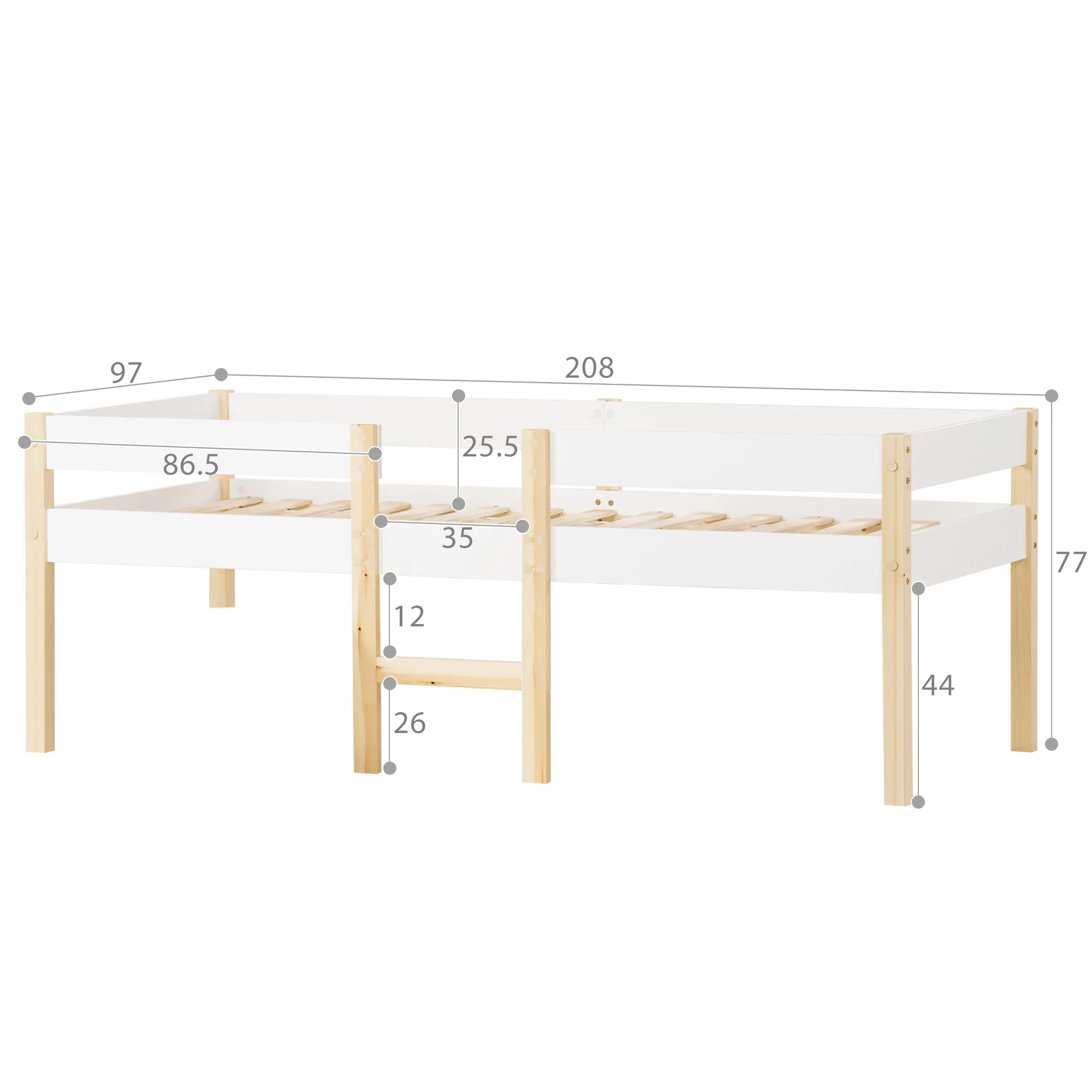 Lit mezzanine pour enfants 90x200cm, lit simple en pin massif avec échelle, barrière de sécurité anti-chute et espace de rangement sous le lit, blanc et chêne, style scandinave, pour chambre d'enfants, meubles de chambre à coucher pour garçons et filles