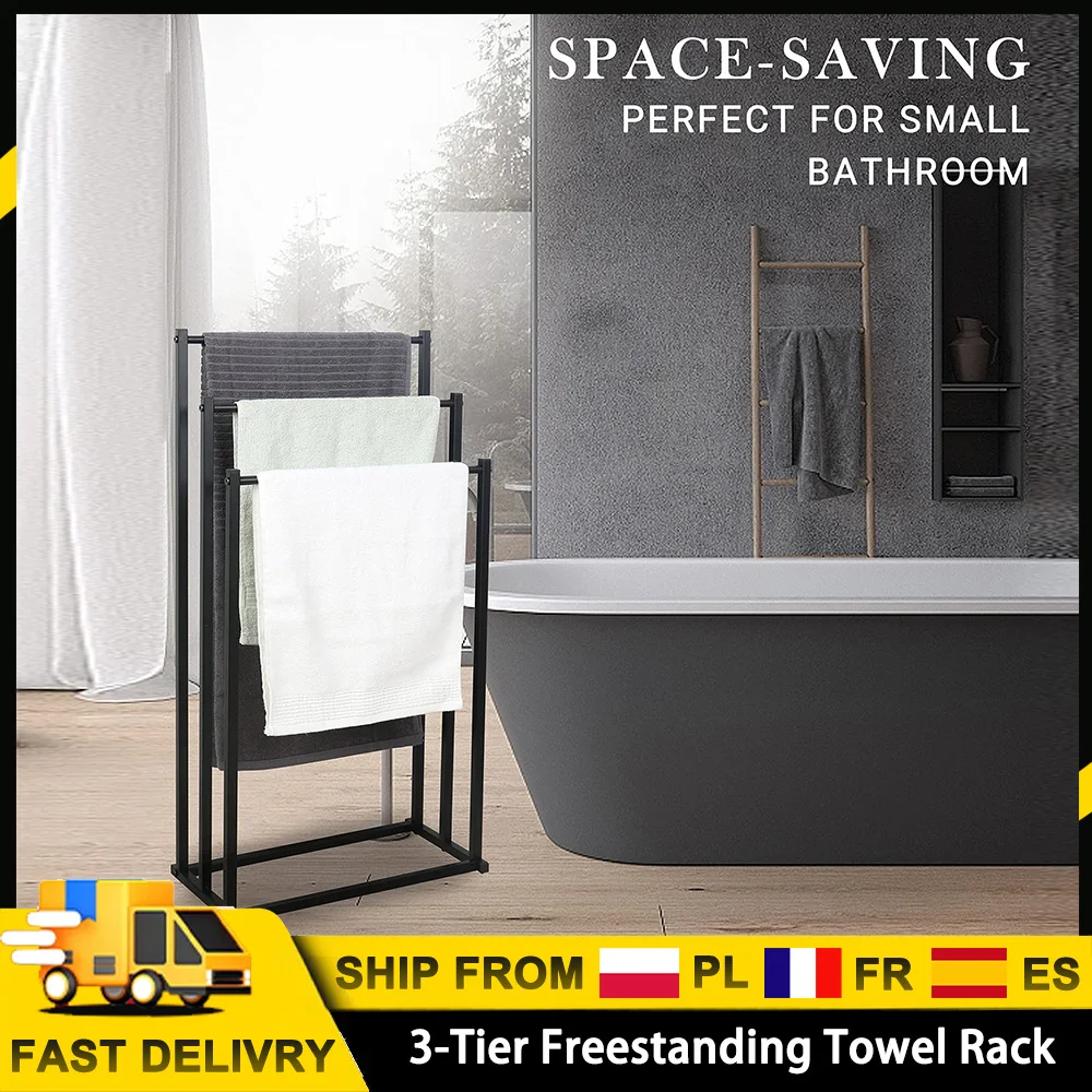 Porte-serviettes sur pied à 3 niveaux, stable, résistant à la rouille, sans perçage, en acier au carbone, pour salles de bain, spas ou piscines