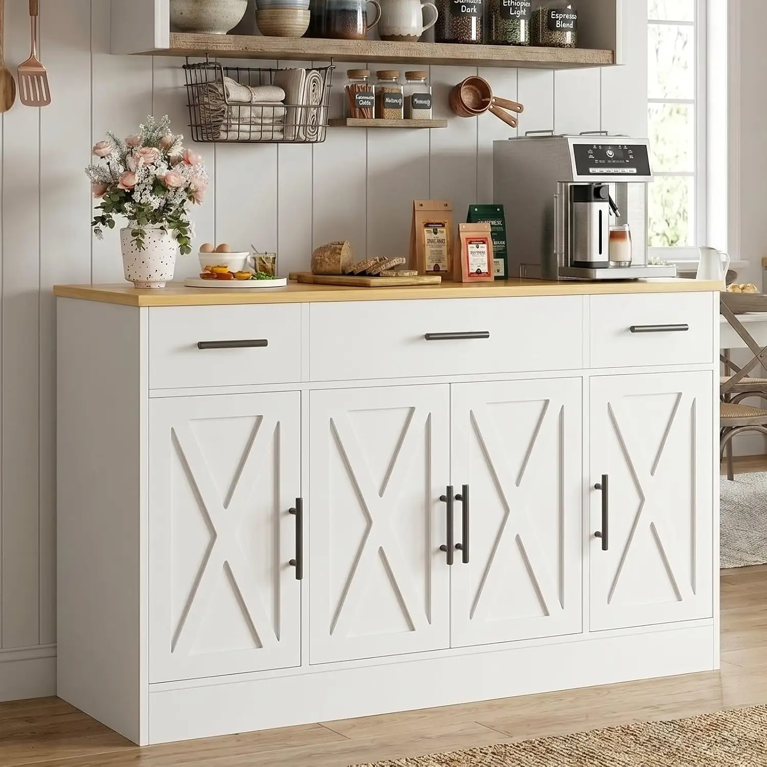 53” Buffet Cabinet with Storage, Kitchen Coffee Bar, White Large Farmhouse Sideboard Cabinet with 4 Doors, 3 Drawers and Adjustable Shelves for Kitchen, Living Room