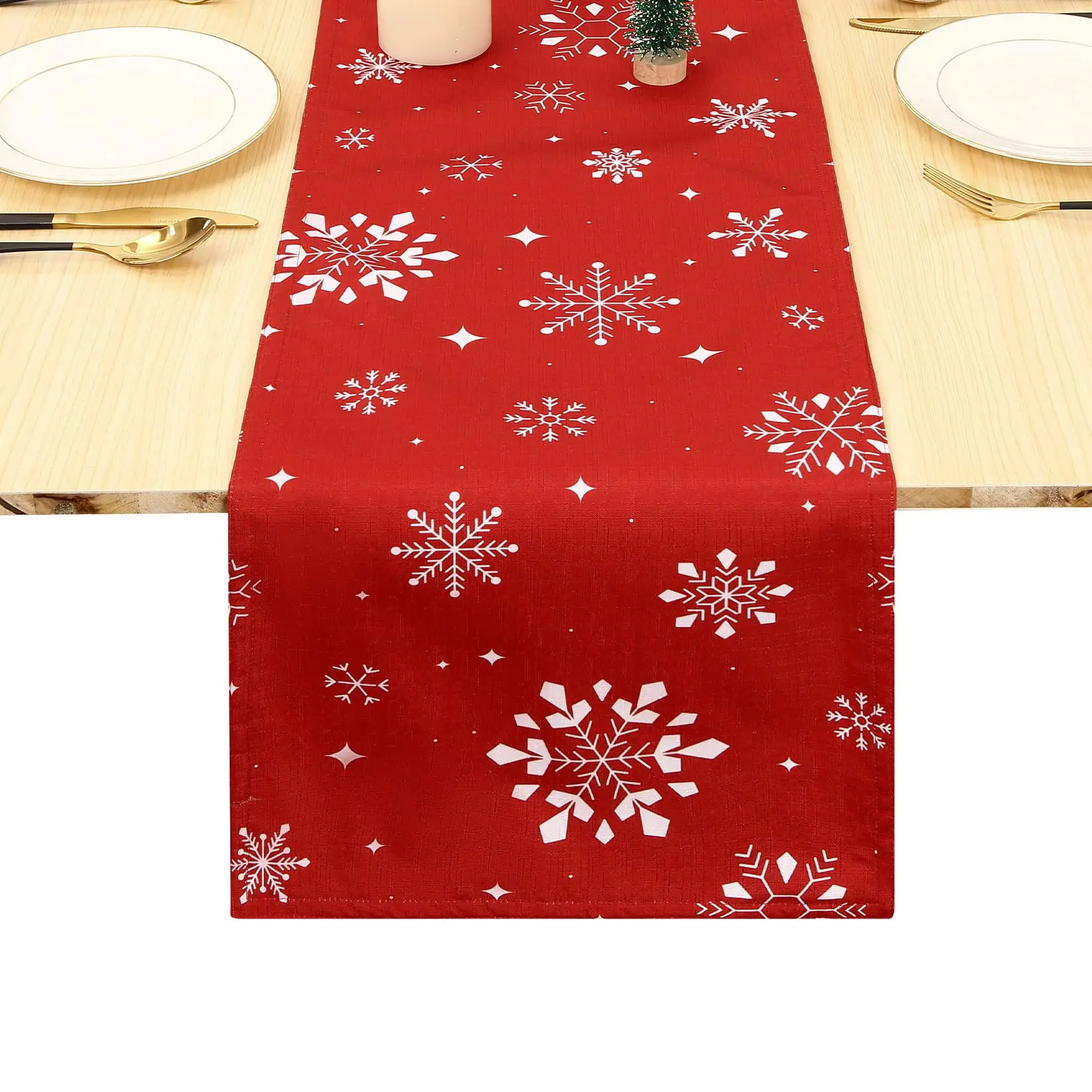 Doppelseitiger Tischläufer Weihnachten – Wasserdicht & abwischbar – Schneeflocken-Motiv – Maschinenwaschbar – Für Esstisch, Couchtisch, Küche – Rot, 33×137 cm, Germany