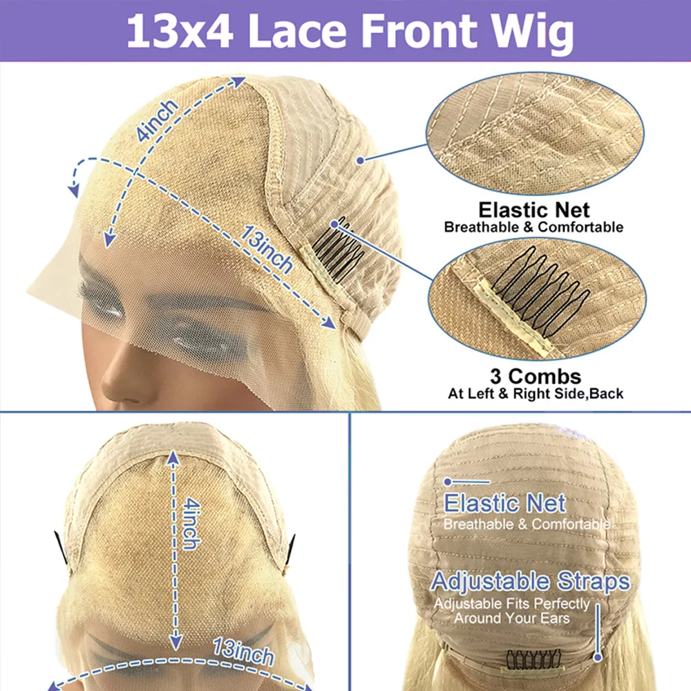 Perruque Lace Front Wig Remy Brésilienne Naturelle, Cheveux Lisses, Couleur Blonde, à Reflets, 13 Tages, en Solde, pour Femme