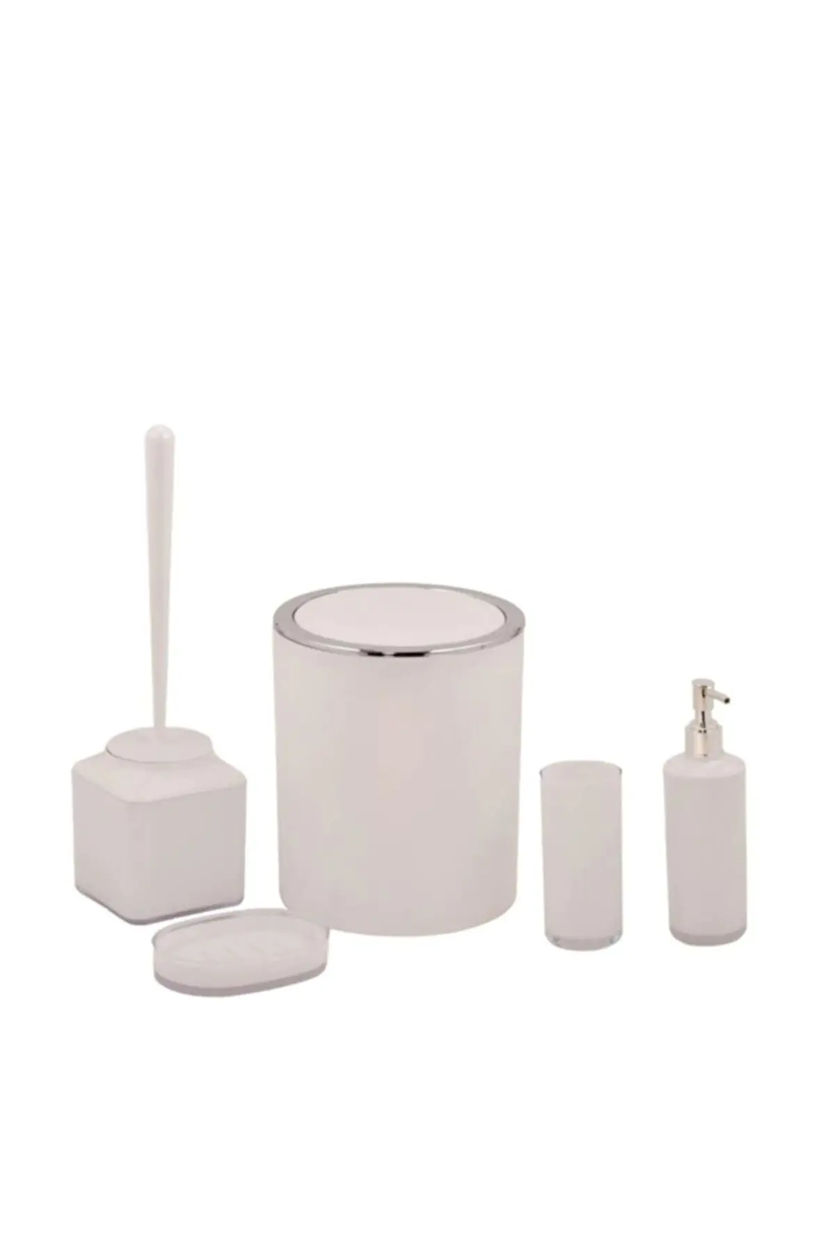 

Bathroom Accessory Set White Silver 5 Pcs Acrylic Lux Toothbrush Holder Liquid And Solid Soap Dispenser Toilet Brush Trash Can