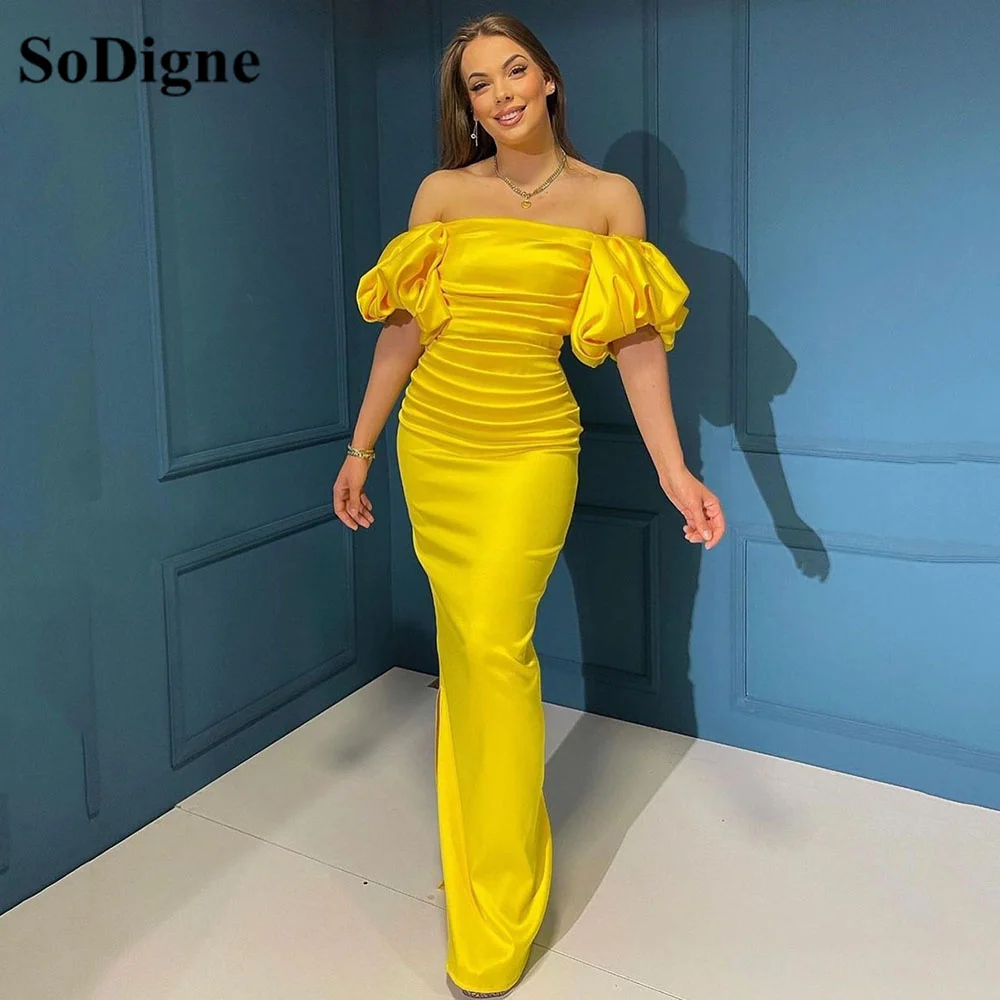 

SoDigne Yellow Mermaid Formal Gown Off The Shouder Pleats Floor Length Prom Dress For Women Side Split Sexy Party Gown