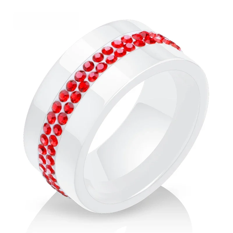 Nowa moda szeroki 10mm biały 2 wiersz czerwony kryształowa ceramiczna pierścienie kobiety obietnica zaręczynowy pierścionek Wedding Band prezenty dla kobiet — zdjęcie 2