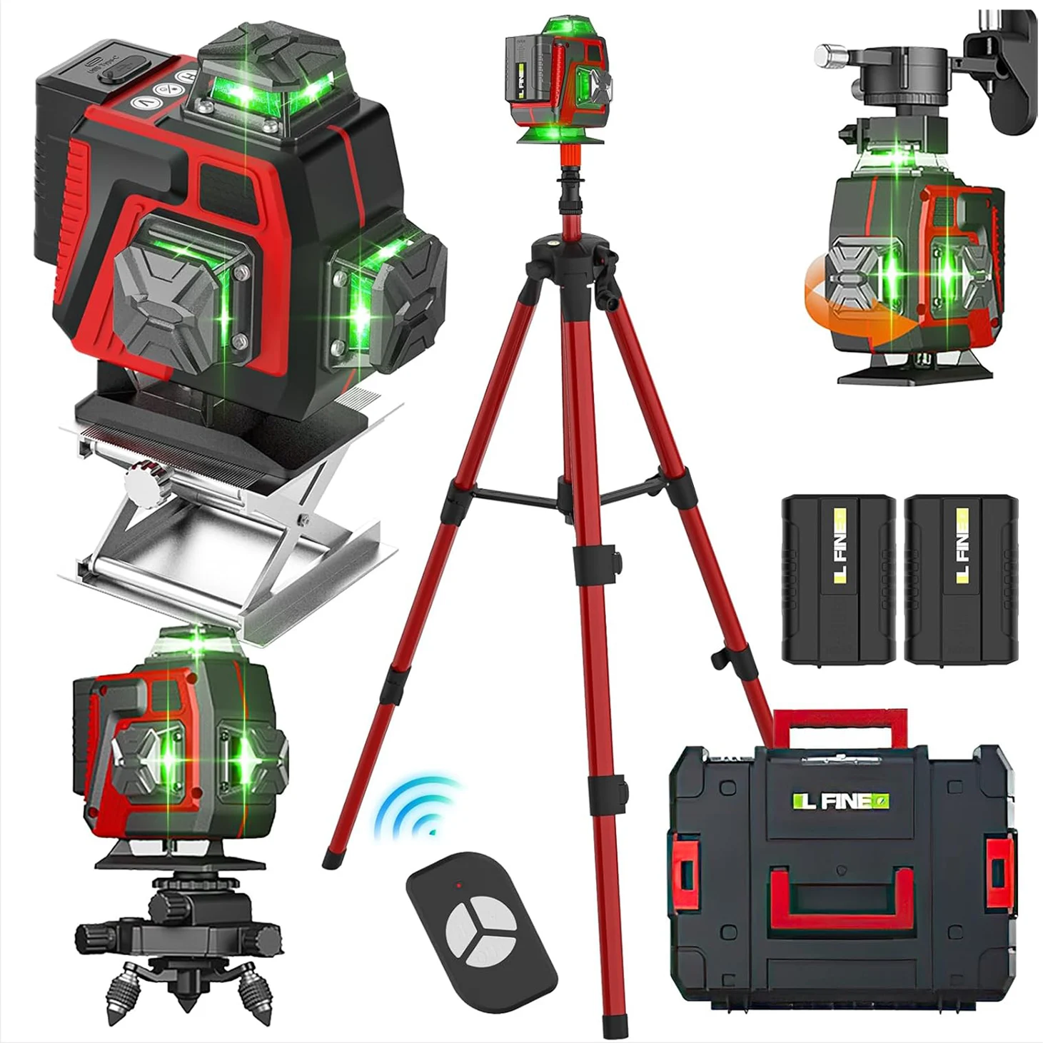 16Lines 4D Laser Level Green Line SelfLeveling 360 Horizontal And Vertical Remote Control Green Beam Laser Levels 2PCS Battery