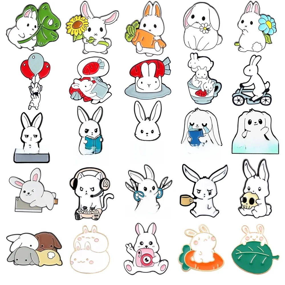 AliExpress Cute Rabbit Enamel Brooch Carrot Rabbit Balloon Bike Read Book Honest Scissors Camera Gamer Rabbit Badge Punk Lapel Pins Jewelry