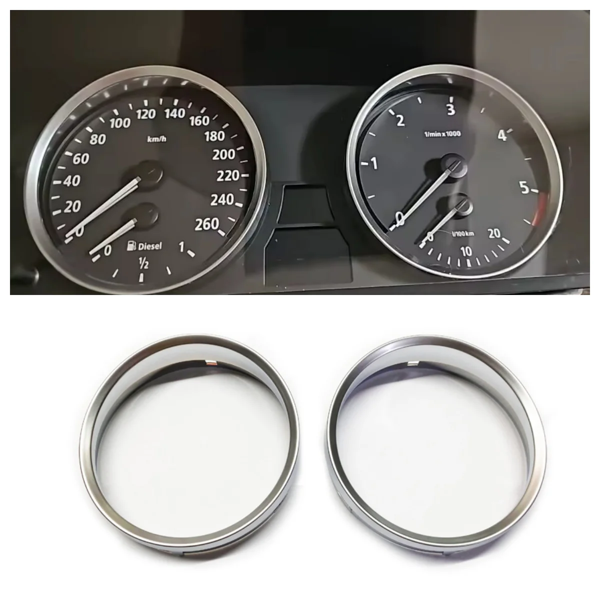 A Set of 2PC Car Interior Accessory Speed Meter Gauge Cluster Bezal Dashboard Matt Silver Dial Ring for BMW E60 / E61 Pre-LCI M5