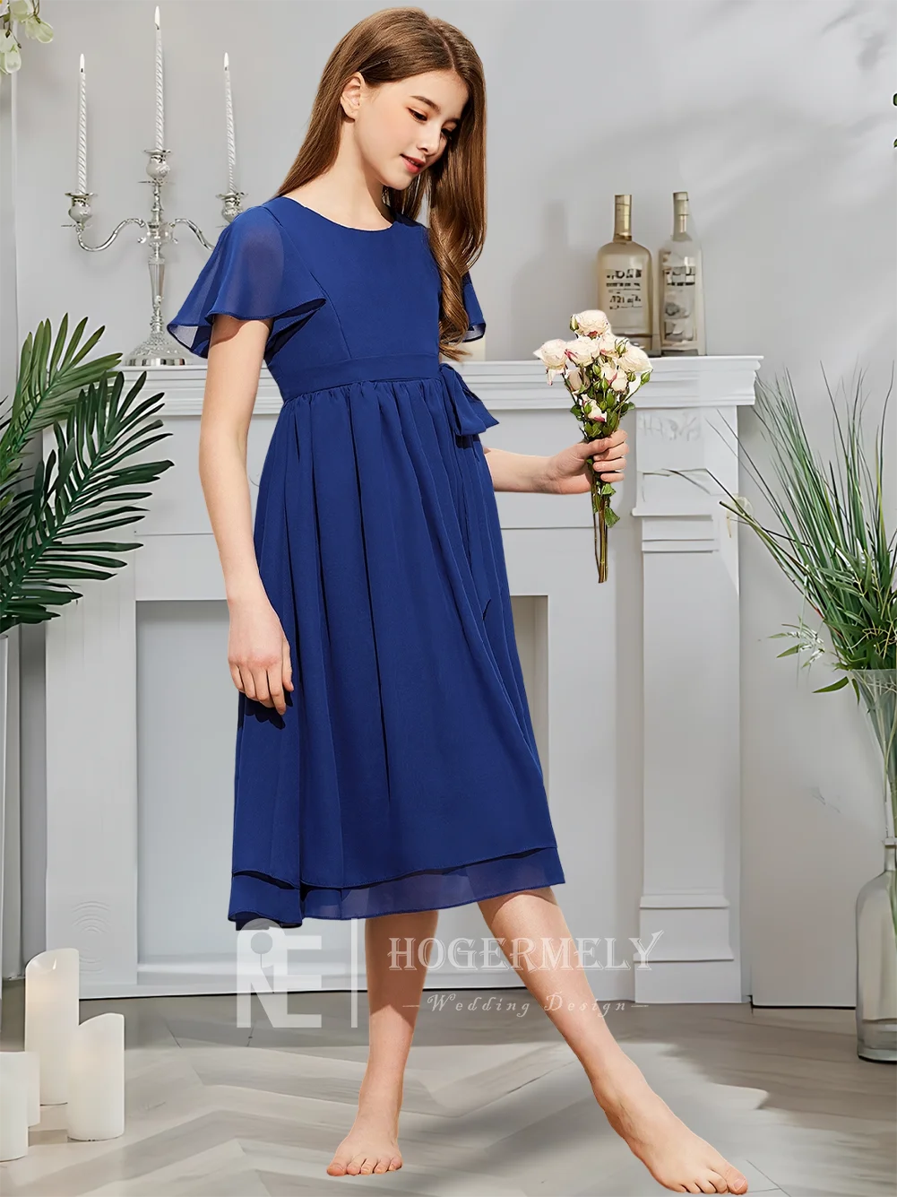 Платье трапециевидной формы для юных подружек невесты, платье с цветочным узором для девочек, шифоновое платье длиной до колена с поясом и бантом для выпускной церемонии