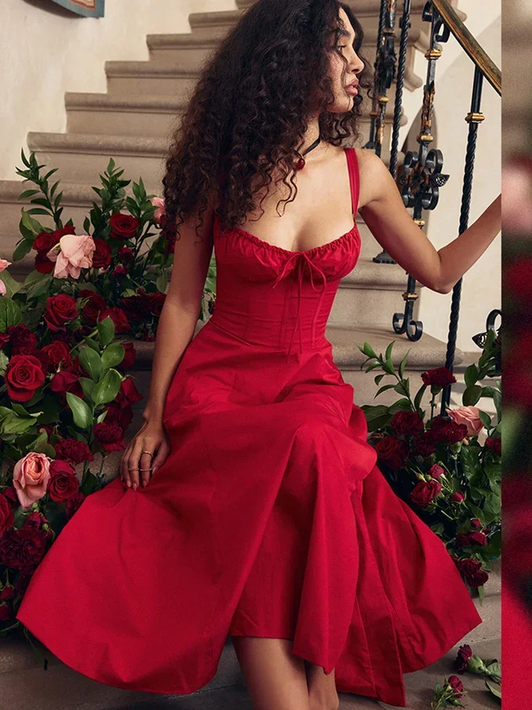 Suninheart Elegant A Line Midi-Jurk Sexy Spaghettiband Veteraan Rode Feestjurken Zomerjurken Vrouwen 2024 Groothandel - afbeelding 2