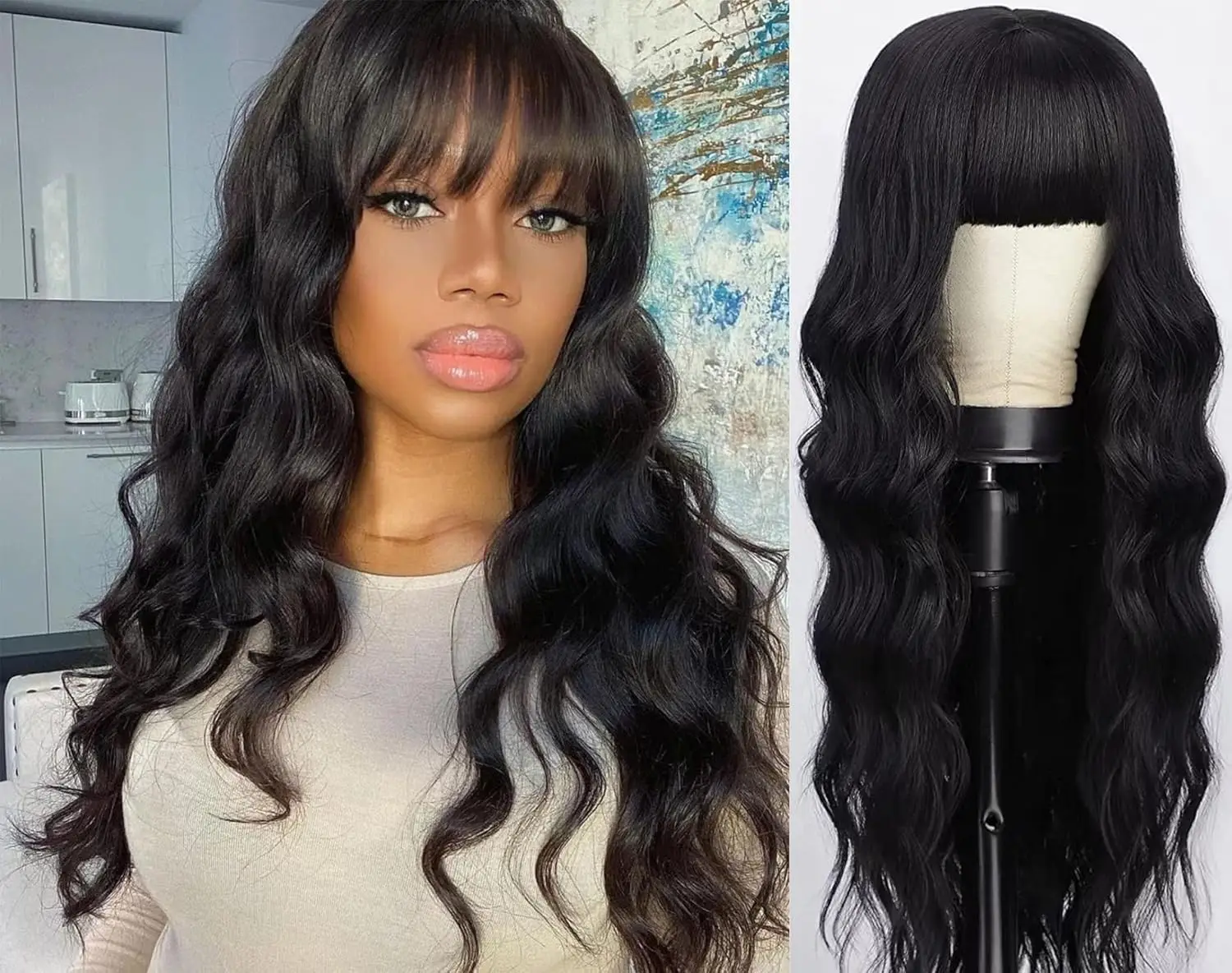 

Body Wave Wig With Bangs Human Hair For Black Women None Lace Front Wigs Brazilian Virgin Hair Glueless Human Hair With Bangs