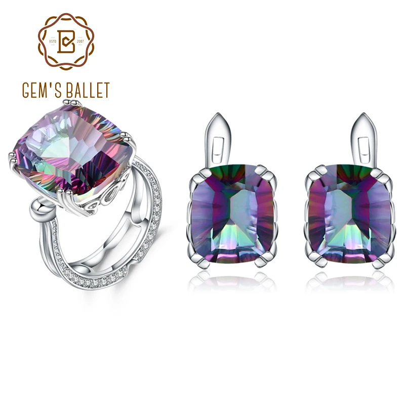

GEM'S BALLET Natural Rainbow Mystic Quartz Ring Stud Earrings For Women 925 Sterling Silver Wedding Jewelry Set Fine Jewelry