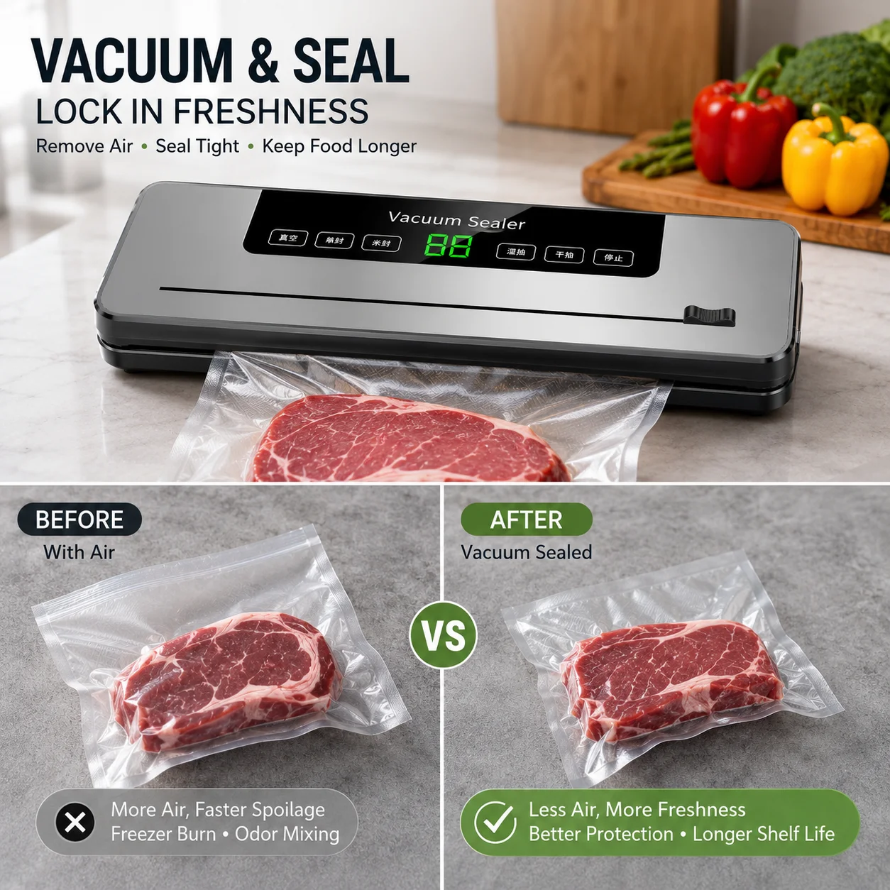 Food Storage Vacuum Sealing Machine, Dual-Purpose Automatic Vacuum Sealer for Dry & Wet Foods, Food Preserver with Built-in Cutter, Household Kitchen Sealing Machine, Vacuum Food Sealer, Kitchen Vacuum Packer, Meat Fruit Vegetable Preservation