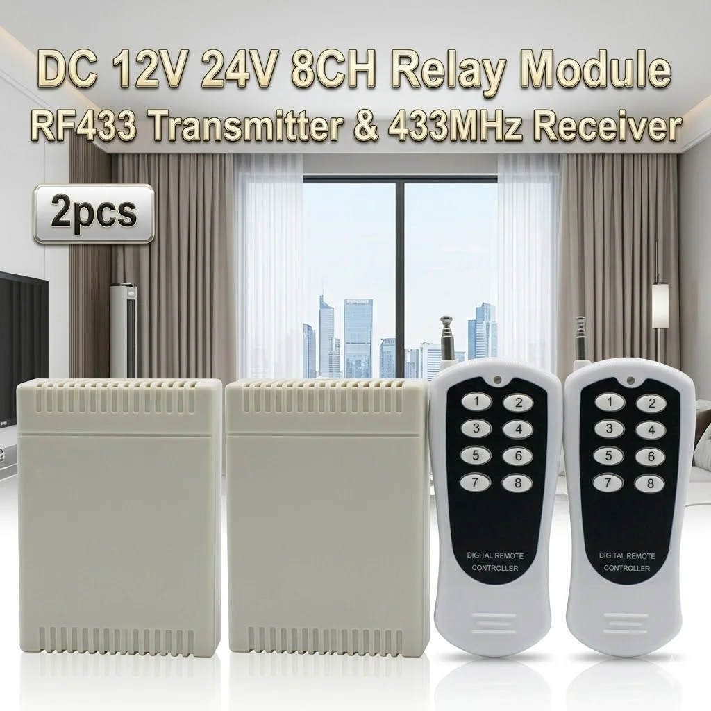 2PCS 8 Channels Wireless Remote Control Switch DC 12V 24V 8CH Relay Module RF433 Transmitter & 433MHz Receiver