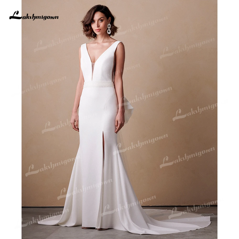 Lakshmigown Simple Mermaid Bow Sweep abito da sposa in raso morbido spalline laterali spacchi laterali Beach abito da sposa vestidos de novia