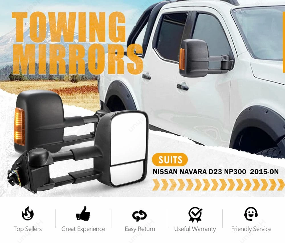 For NAVARA NP300 2015+Power Operated Heated Textured Black Telescoping Trailer Side Mirrors with Arrow Signal Light Side Mirrors