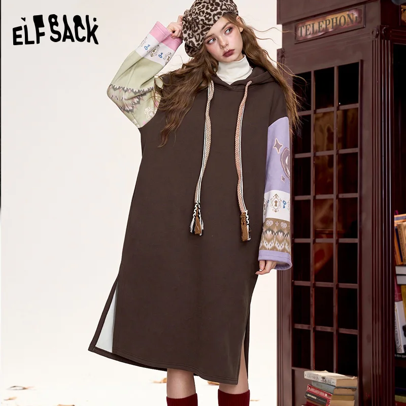 

ELFSACK 2024 Winter New Arrivals Hoodie Long Sleeve Dress for women retro preppy style contrast color stitching long dress