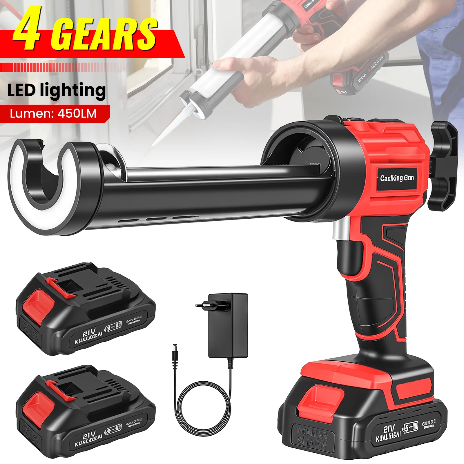 Pistola elettrica a batteria da 21 V per applicare sigillante, con 4 velocità regolabili, sistema di ritorno automatico per evitare gocciolamenti, luce LED da 450 lumen, compatibile con cartucce da 10
