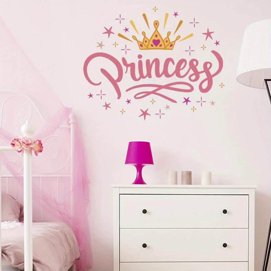 1pc Colorful Princess Crown and Letter Wall Sticker, Self-Adhesive PVC Home Decoration DIY Sticker, suitable for study rooms, cabinets, living rooms, bedrooms, dining rooms, bathrooms, entryways, doors, windows, and wall art, easily creating a cozy and fun space, a creative and thoughtful gift for family, friends, and loved ones