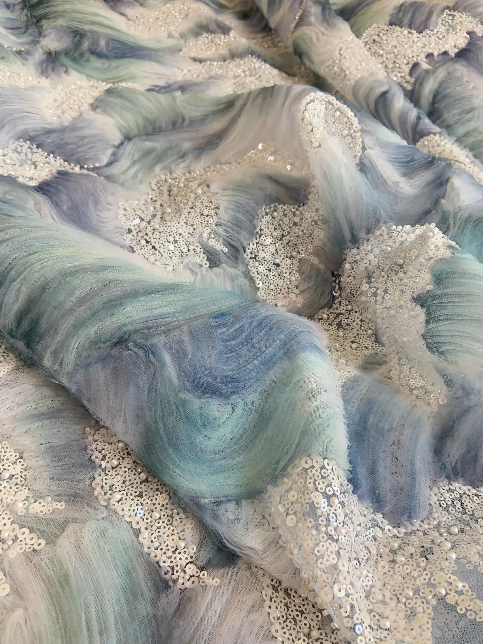 

1-ярдовая синяя ткань с вышивкой и блестками, бусинами, 3d витая свадебная кружевная ткань, для вечернего платья, помолвки,