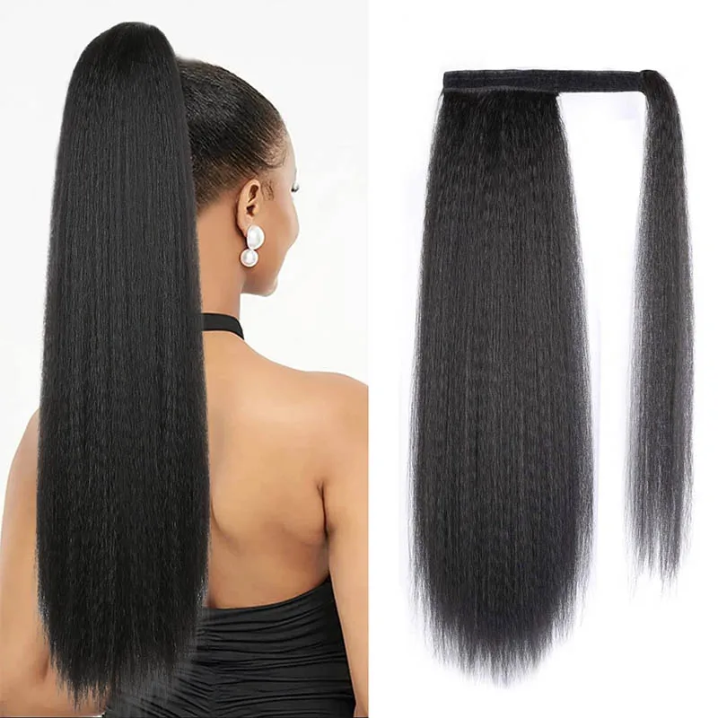 Kinky Straight Synthetic Ponytail Wrap Around Long Ponytail Extension Natural Black Yaki Ponytail Extension For Black Women