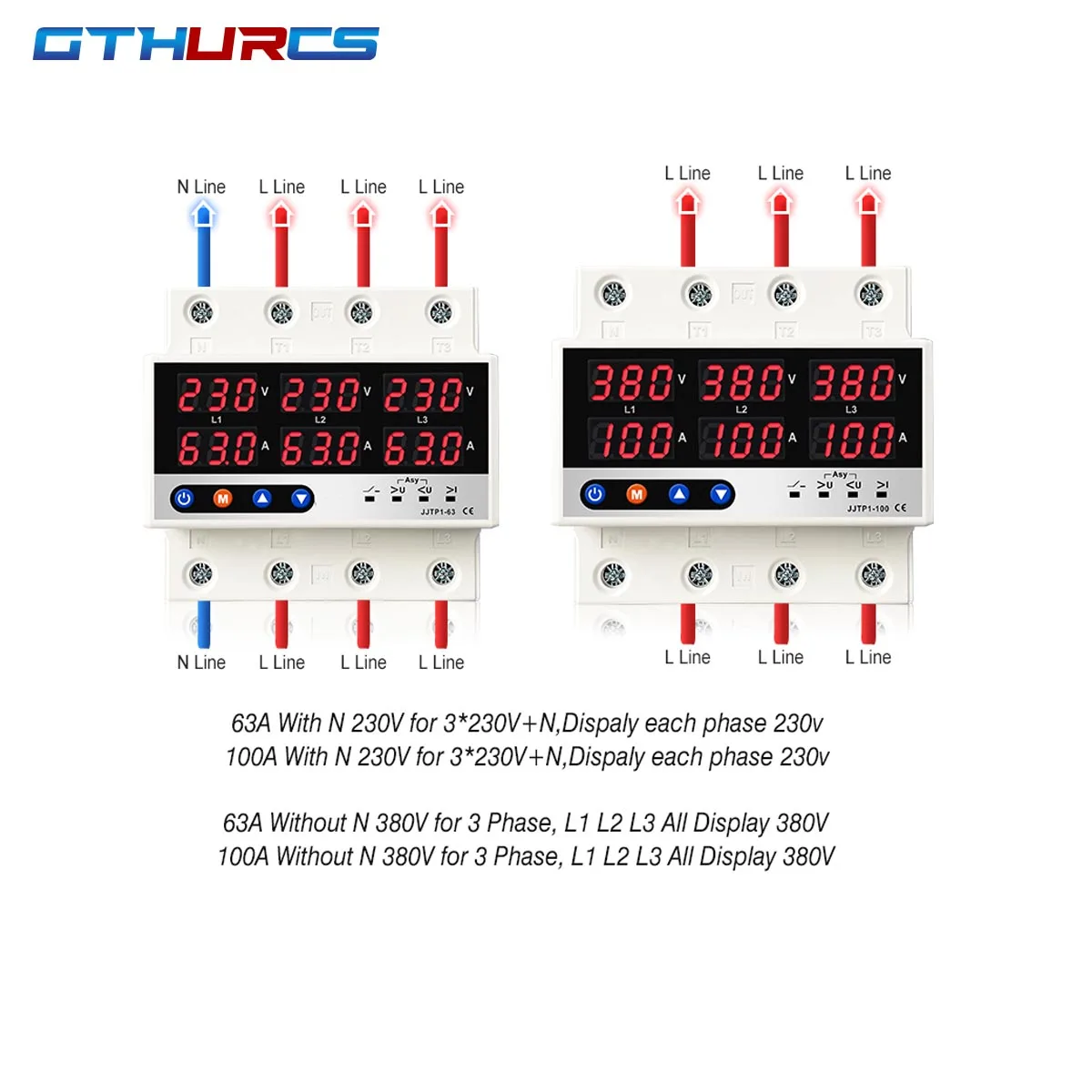 63A 100A 3 Phase Din rail Voltmeter Ammeter adjustable Over and Under Voltage current limit protection Monitor Relays Protector