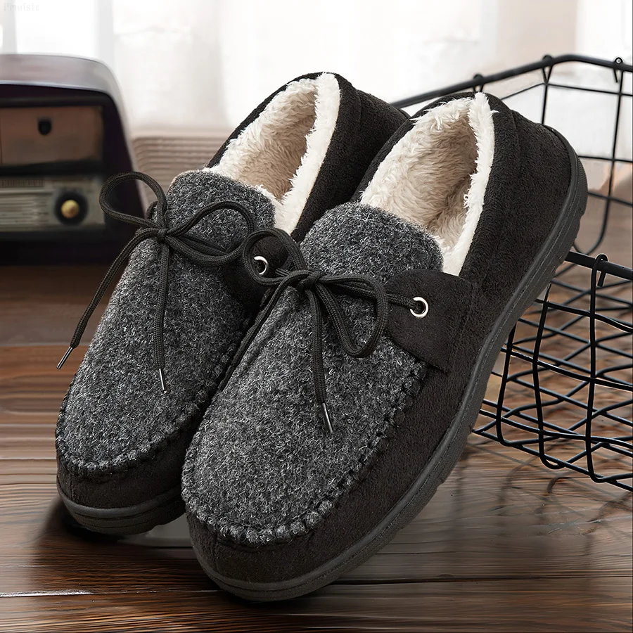 Men Indoor Slippers Patchwork Sewing Memory Foam Fuzzy Warm House Shoes Soft Non-slip Plush Slipper For Winter Luxury