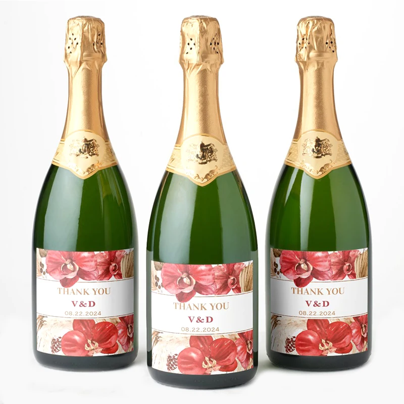 Customed Watercolour Petals Champagne Labels, Personalize Logo, Waterproof Packaging Stickers, DIY Wedding Party Decor。