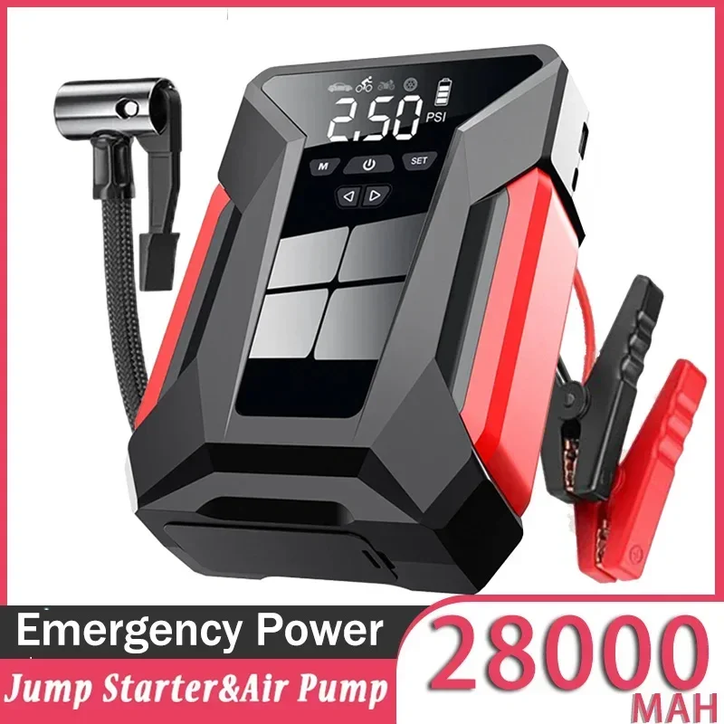 28000mAh Car Jump Starter Multifunctional Automotive Emergency Power 150PSI Tire Inflator Powerbank Air Pump With Bag