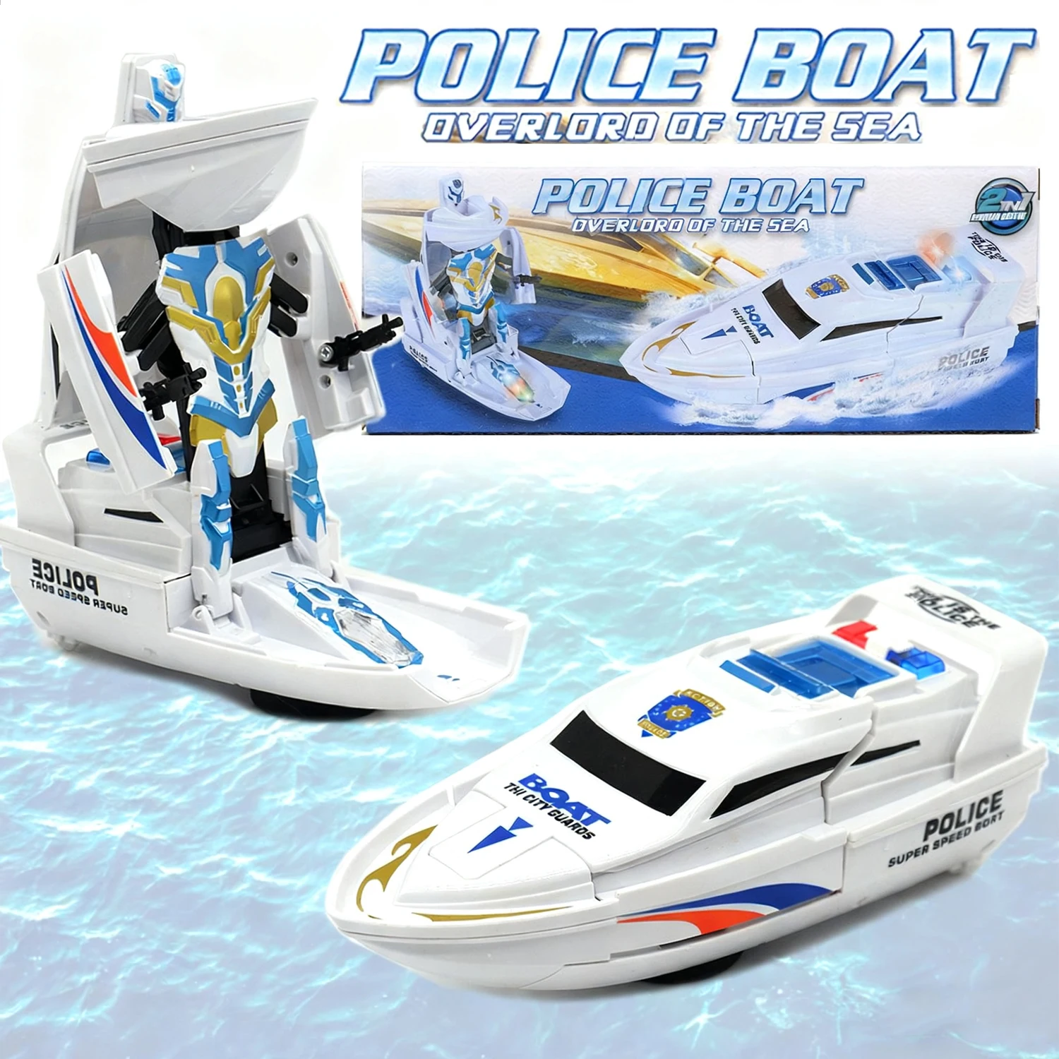 قارب شرطة سريع وروبوت قابل للتحويل مع حركة وأضواء ومؤثرات صوتية: روبوت شرطة، هدية عيد ميلاد مثالية للطفل. #1